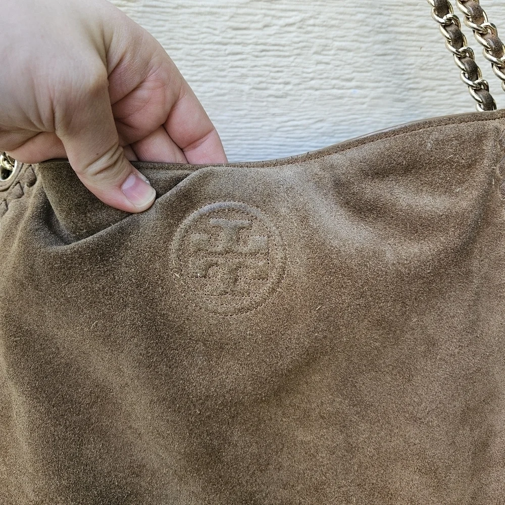 Tory Burch Marion Suede Chain Shoulder Slouchy Tote brown